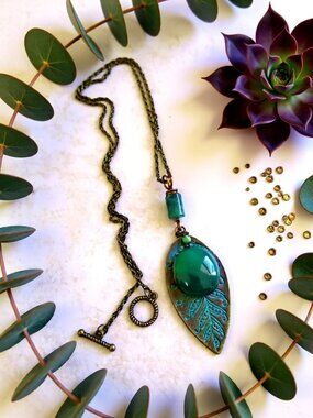 Handmade! Bronze Leaf + Stone Statement Necklace - CottageCore - Green Thumb